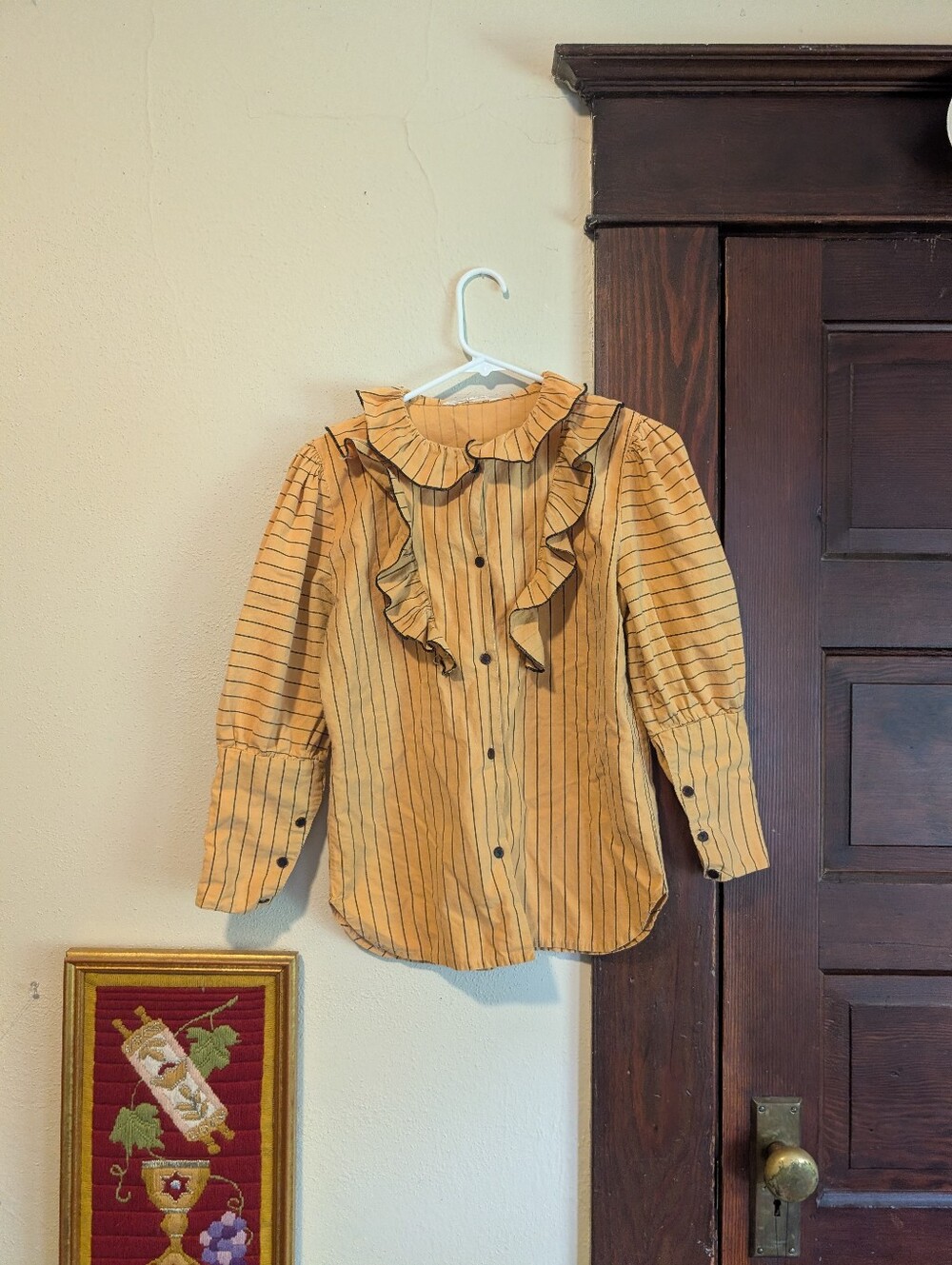 Baby Love Orange And‎ Black Stripe Blouse With Ruffle Neckline And Puff Sleeves